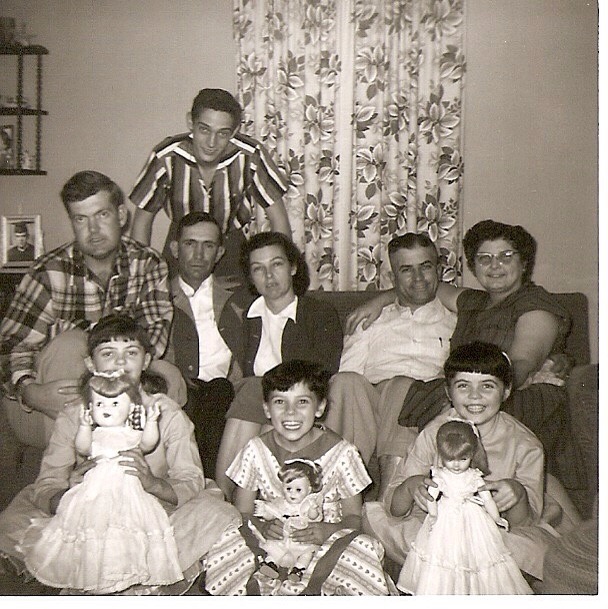 (back row) Otho, (Opal's Son and Husband, Opal Nicholson, Bill and Evelyn Barringer, (front row) ?, ?, Pamala Barringer